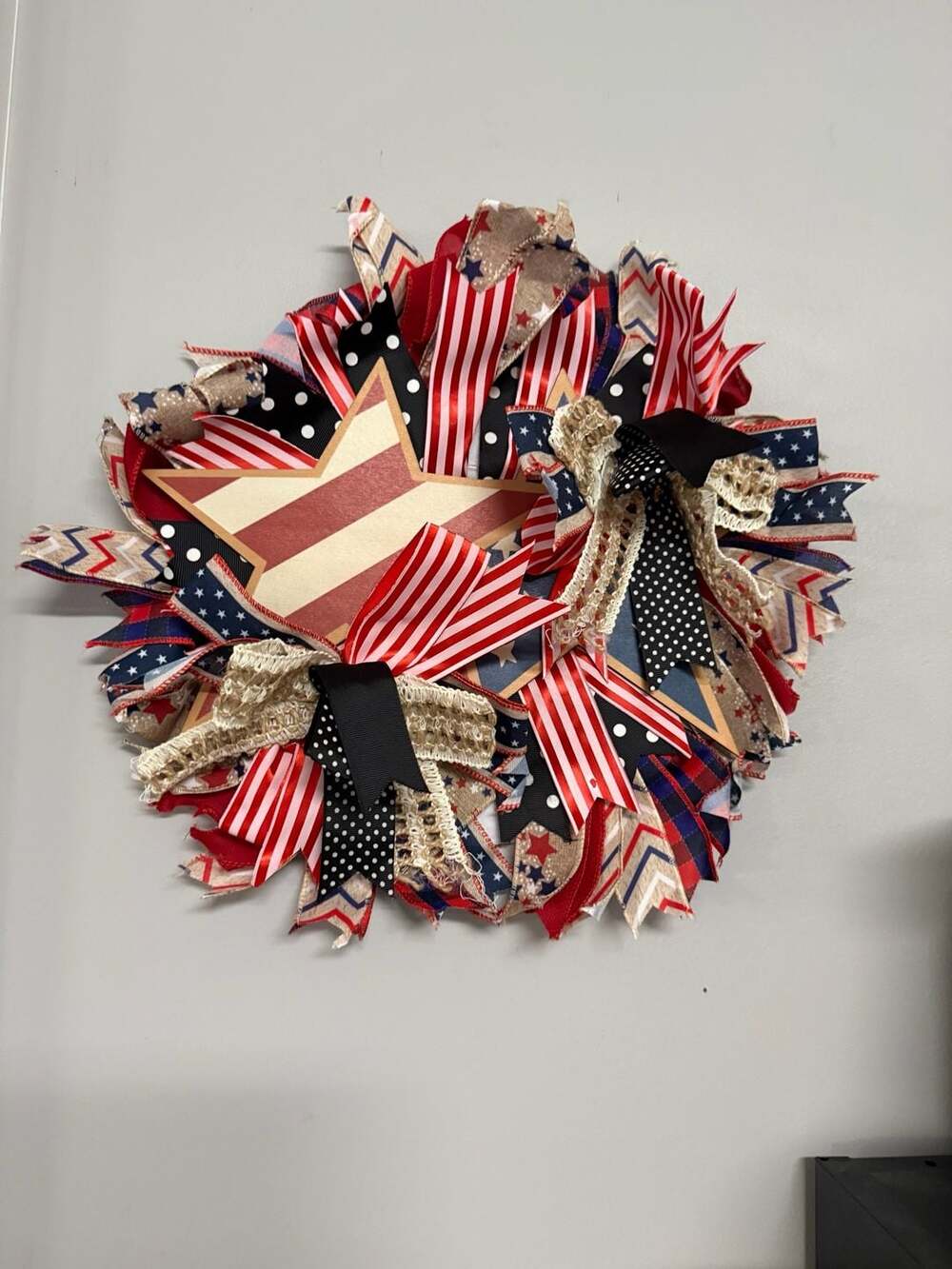 Patriotic Star Wreath with Red White and Blue Ribbons and Wooden Star Plaque